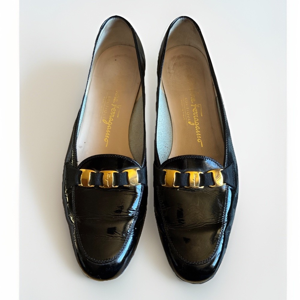 Salvatore Ferragamo-Black Patent Leather Loafers with Gold Logo Hardware Sz 6.5